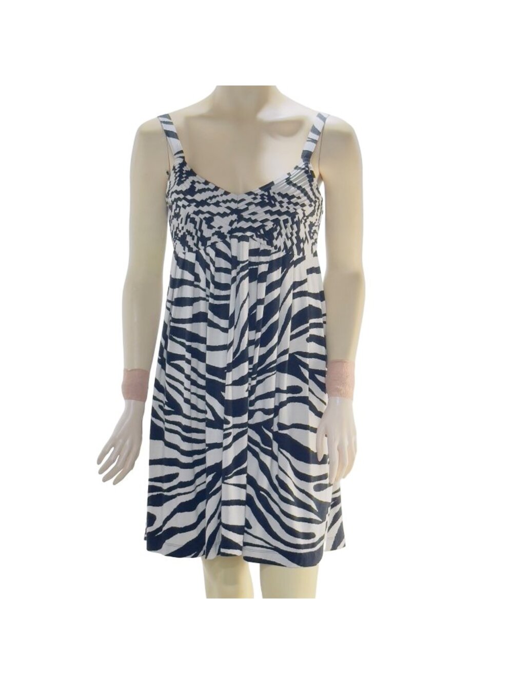 ND NEW DIRECTION Women's Dress B&W Zebra Print Empire Waist Tufted Flowy Size 4